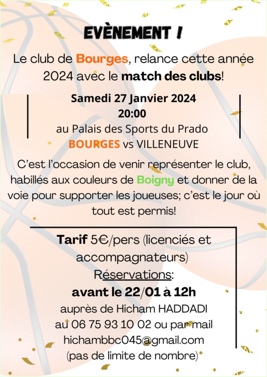 Evènement Match de Bourges 27 janvier 2024 